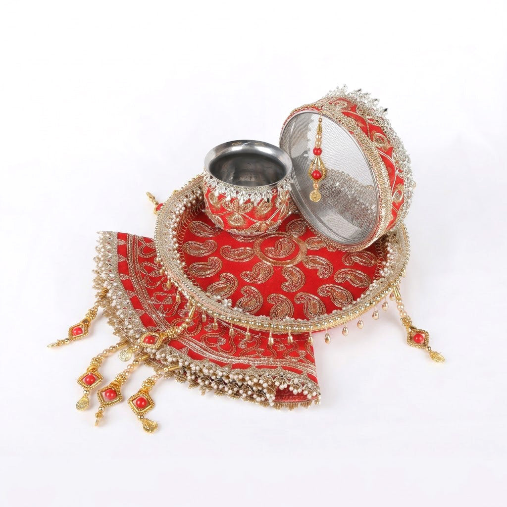11 Pc Red Embroidery Karwa Chauth Thali Set