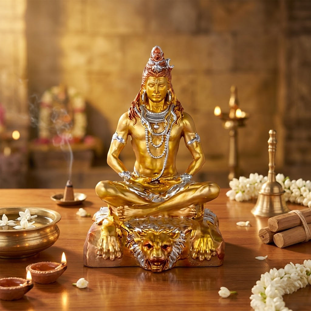 Premium Silver & Gold Shiv Ji Meditating Resin Statue