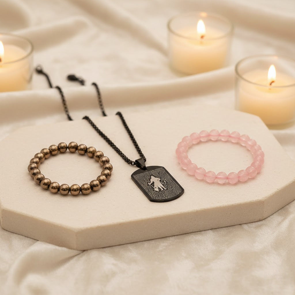 Rose Quartz & Golden Pyrite Bracelet Combo with Hanuman Chalisa Pendant