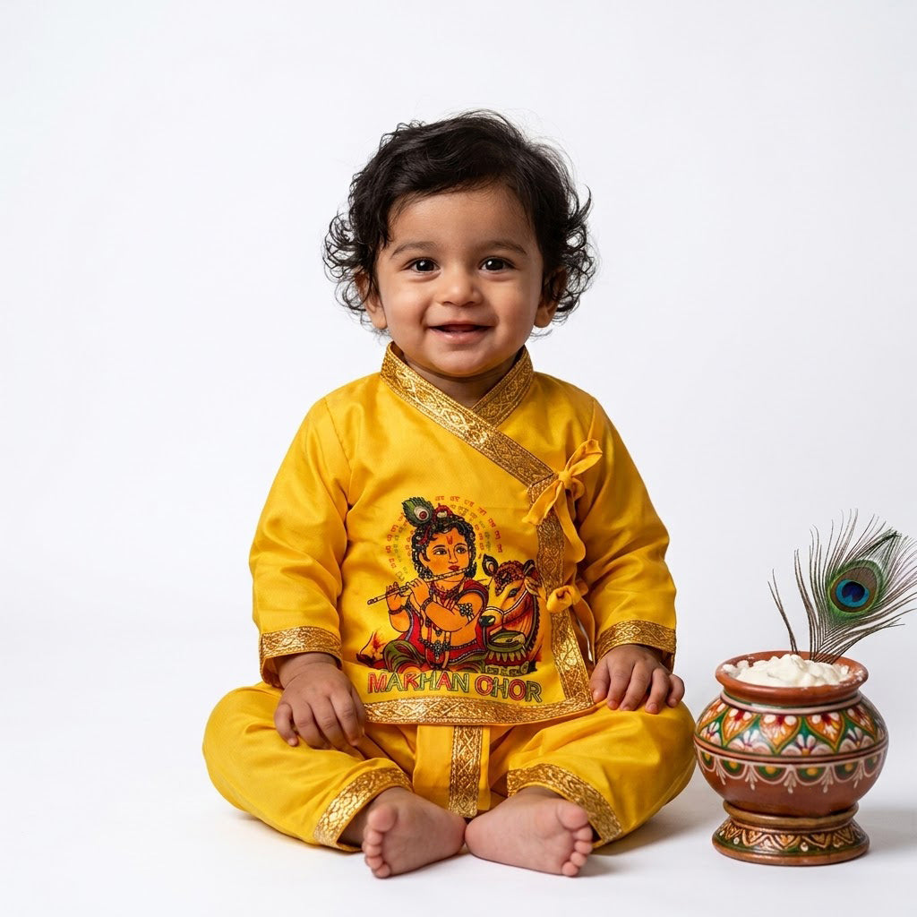 Size 1 Makhan Chor Yellow Krishna Dress with Golden Border