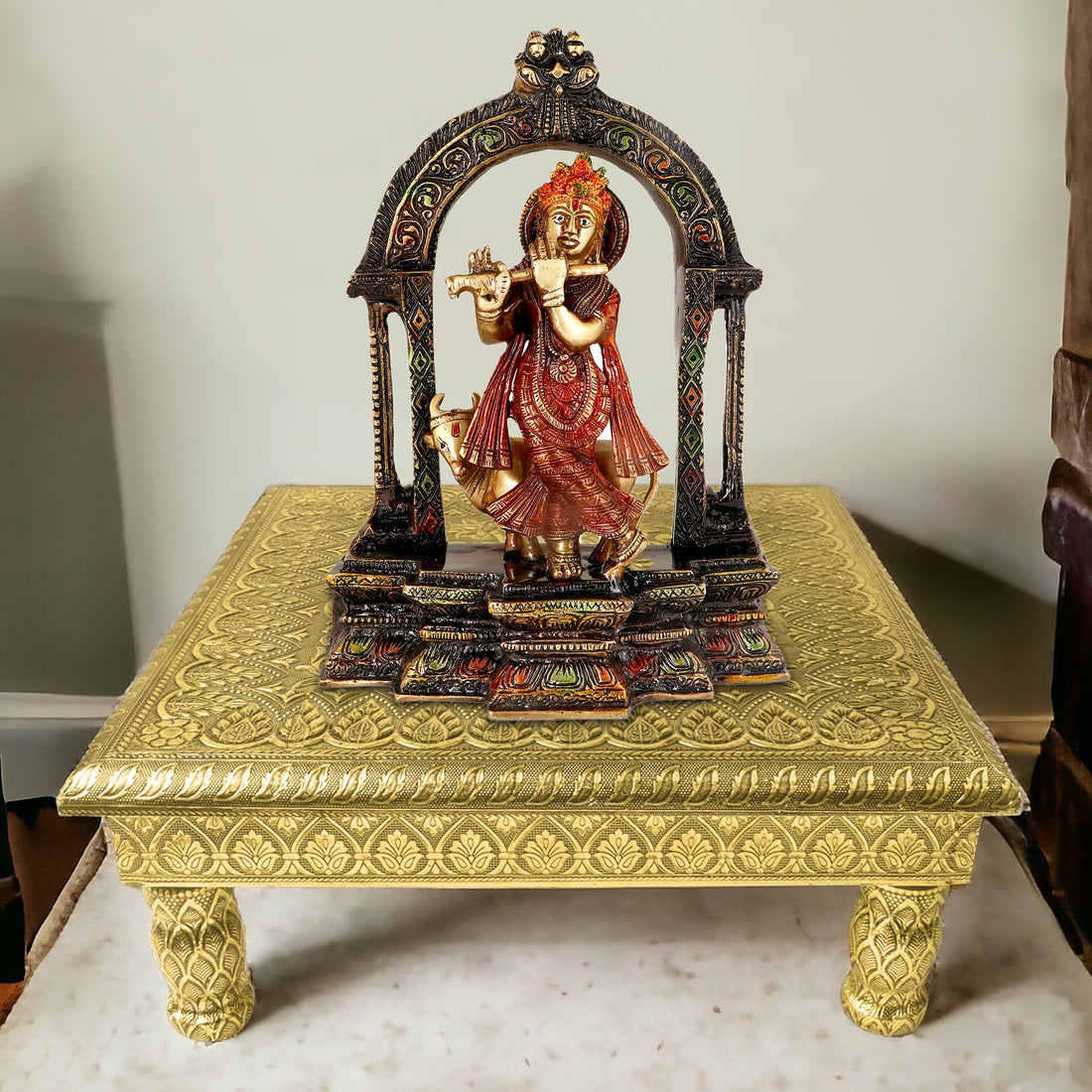 Elevated Artistry: Embossed Pattern Wooden Chowki