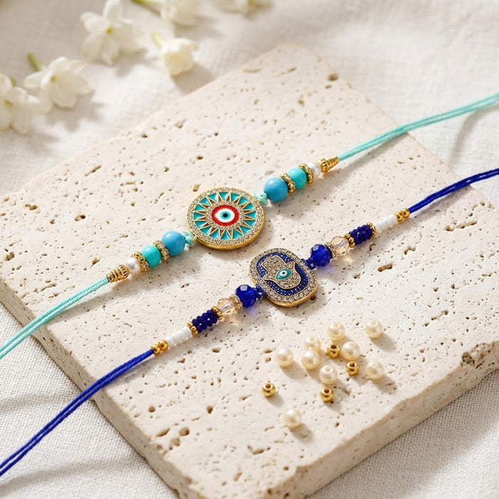 Turquoise Evil Eye and Hamsa Hand Designer Rakhi (Set of 2)