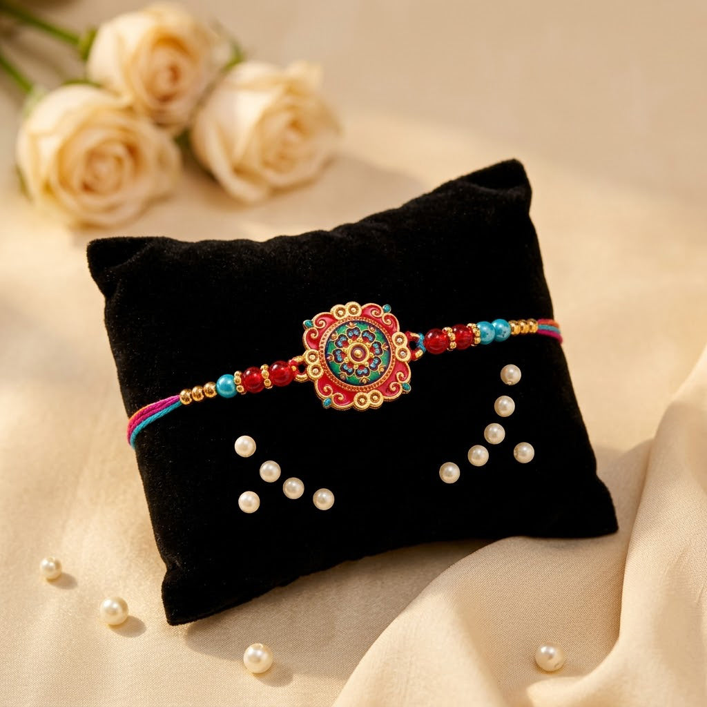Traditional Royal Floral Meenakari Dial Stone Studded Rakhi