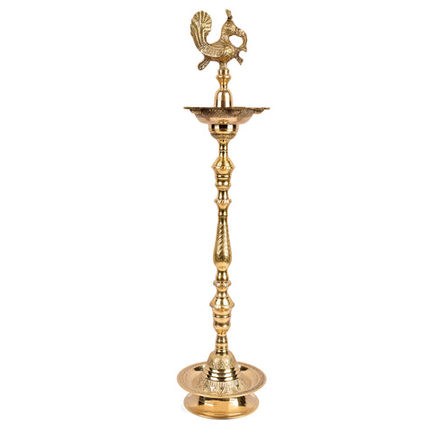 44 Inch Brass Kerala Peacock Samai Deepam Inauguration Lamp – Handcrafted Kerala samai deepam with an intricate peacock design, perfect for grand inaugurations, pooja ceremonies, and religious occasions. India’s Largest Pooja Accessories Brand – www.satvikstore.in