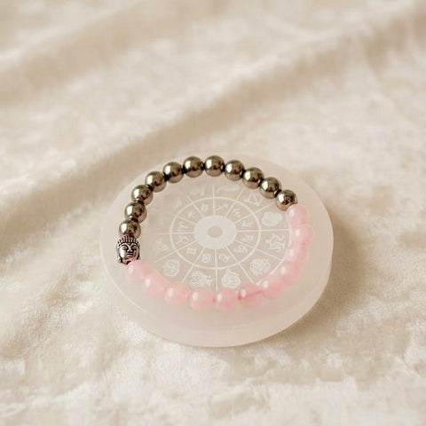 Rose Quartz Buddha with Golden Pyrite Bracelet & Selenite Zodiac Plate Combo | Love, Prosperity & Energy Recharge