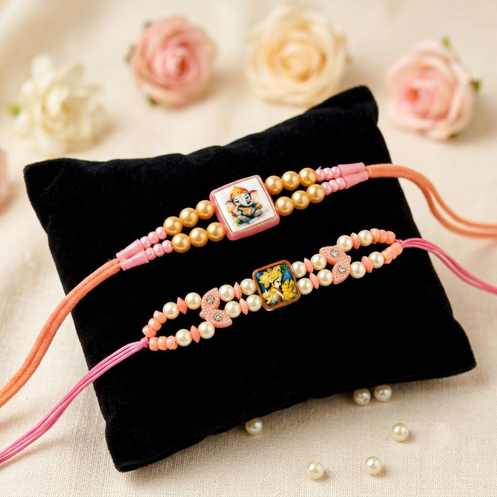 Divine Ganesha and Radha Krishna Pearl Beaded Rakhi (Set of 2)