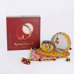 11 Pc Elegant Yellow & Pink Embroidery Karwa Chauth Thali Set