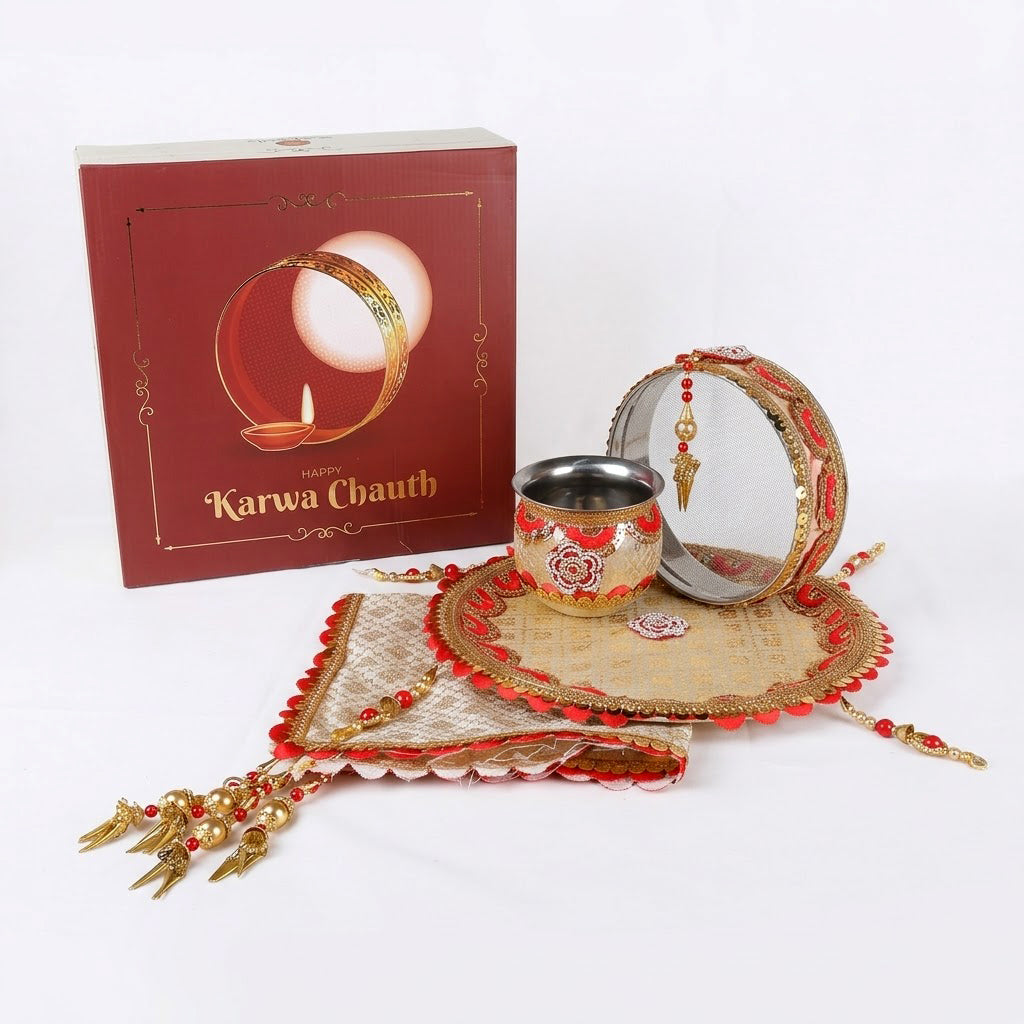 11 Pc Golden Grace Floral Karwa Chauth Thali Set