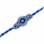 Royal Blue Evil Eye Centerpiece Crystal Leaf Motif Designer Rakhi