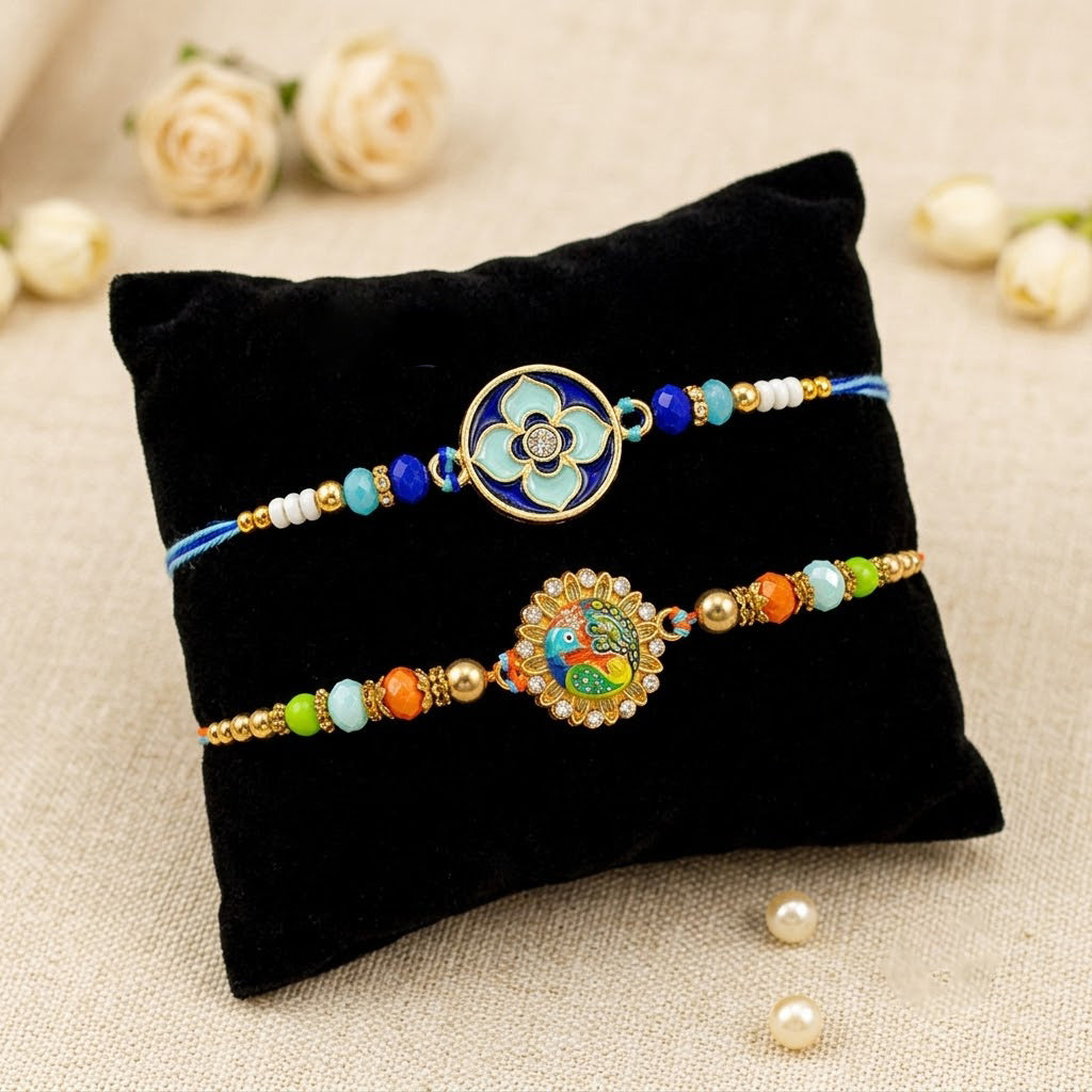Royal Blue Lotus Peacock Meenakari Rakhi (Set of 2)