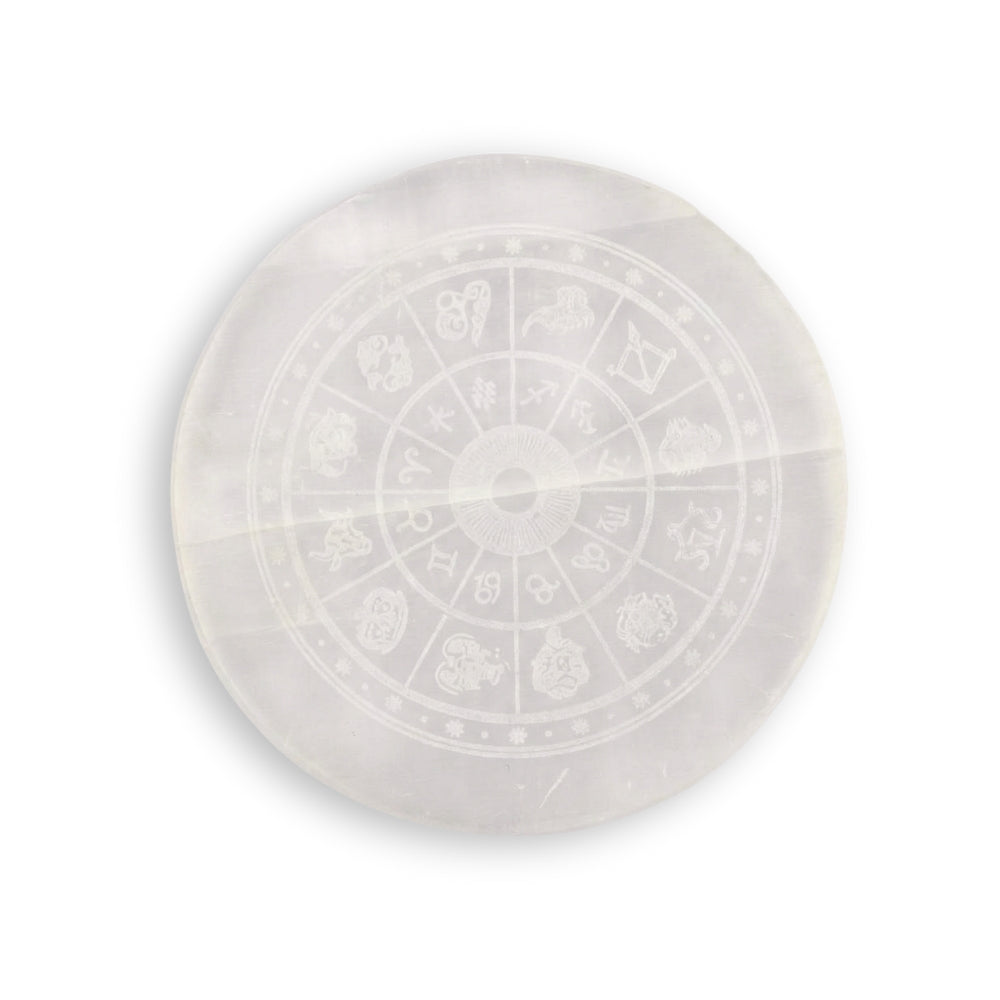 Selenite Crystal Recharging Plate with Zodiac Sign Spiritual Tool