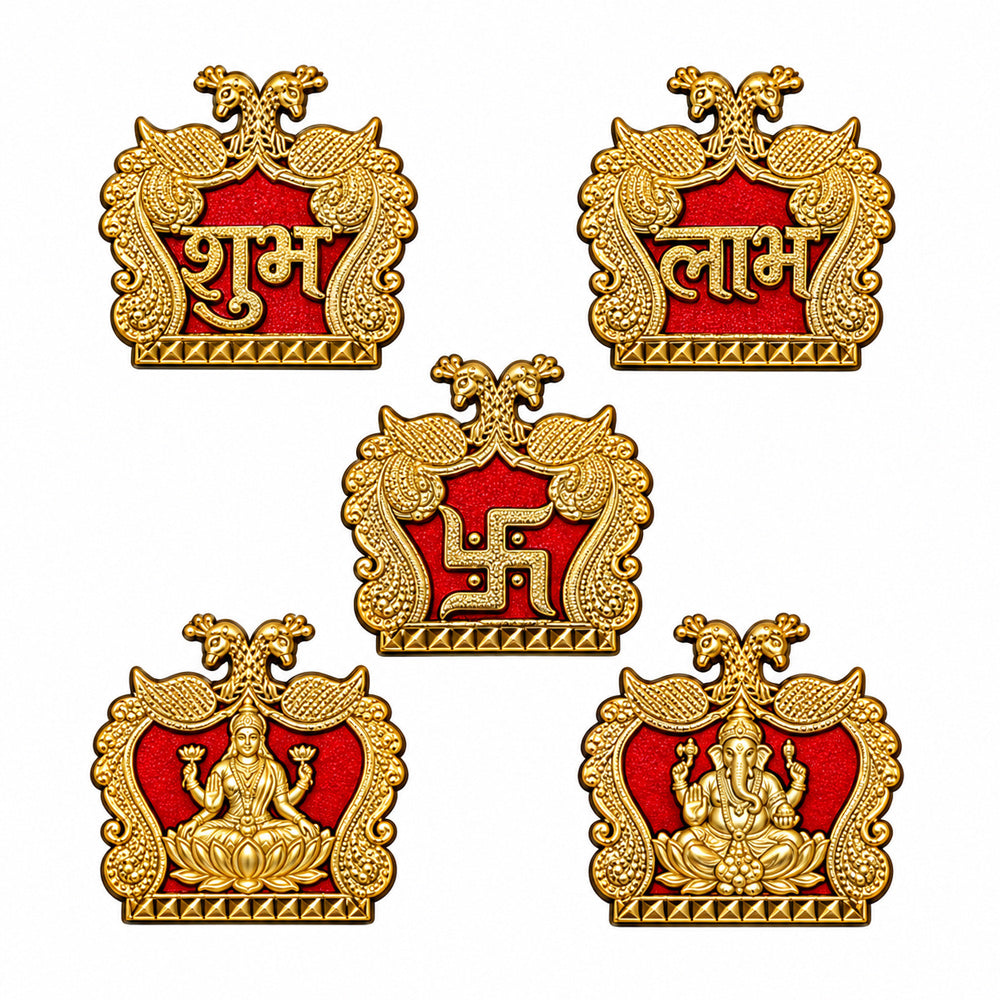 Red & Gold Shubh Labh, Swastik, Laxmi & Ganesh Sticker Set of 5
