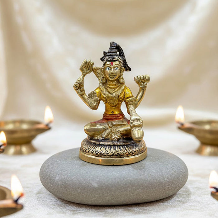 4 Inch Brass Chaturbhuj Shiva Ji Idol with four arms in a divine meditative posture, handcrafted with intricate detailing and traditional finish. No.1 Brass Idol Store www.satvikstore.in 