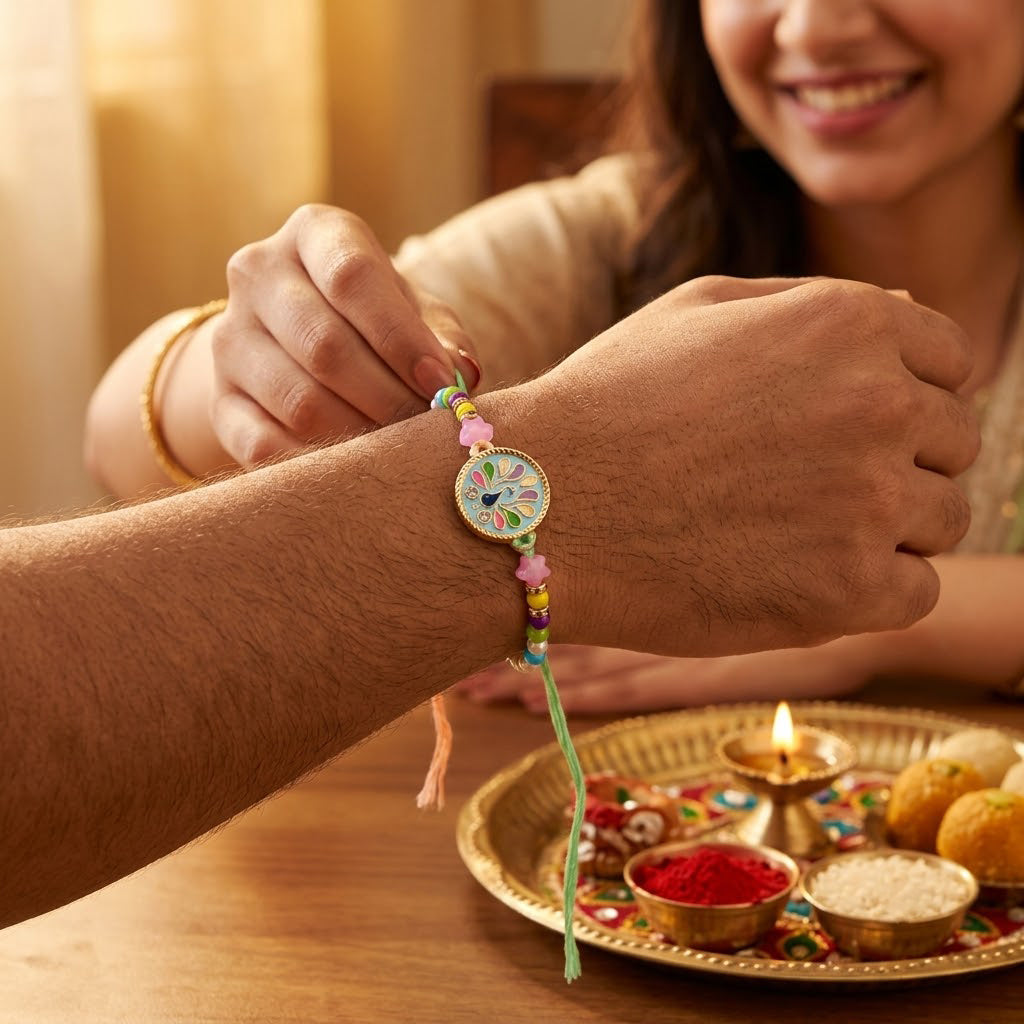 Meenakari Peacock Family Rakhi Pack (Set of 5)