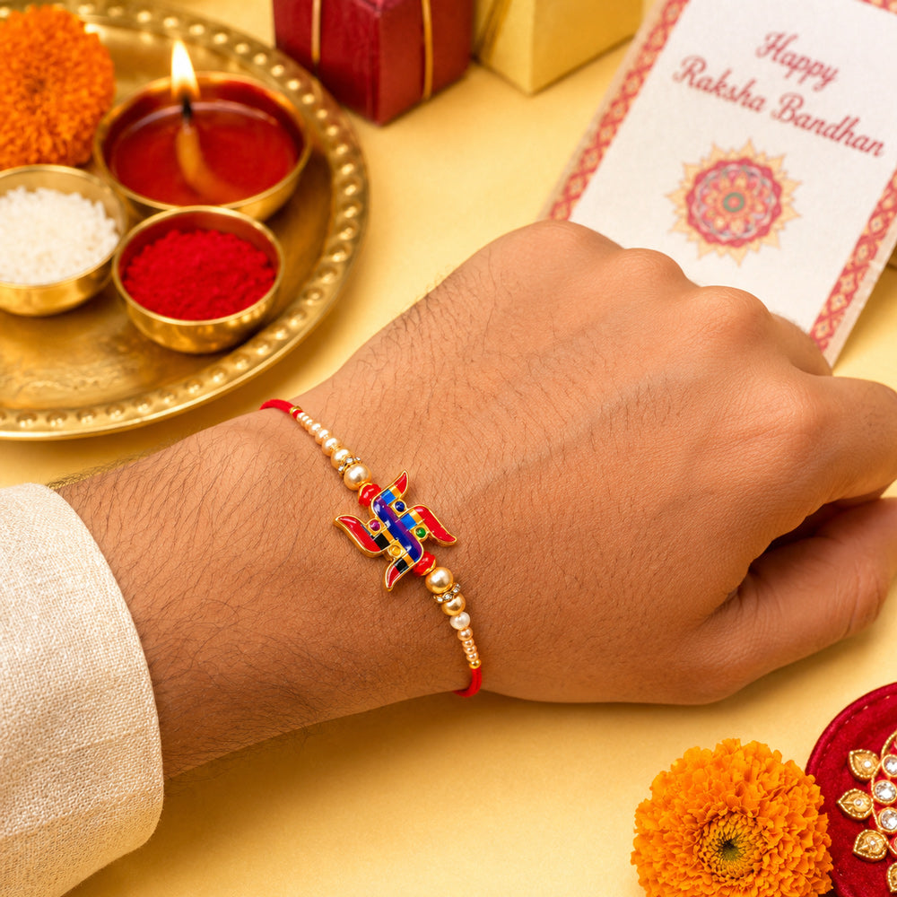 Auspicious Swastik and Enamel Evil Eye Designer Rakhi (Set of 2)