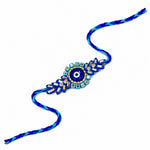 Royal Blue Evil Eye Centerpiece Crystal Leaf Motif Designer Rakhi