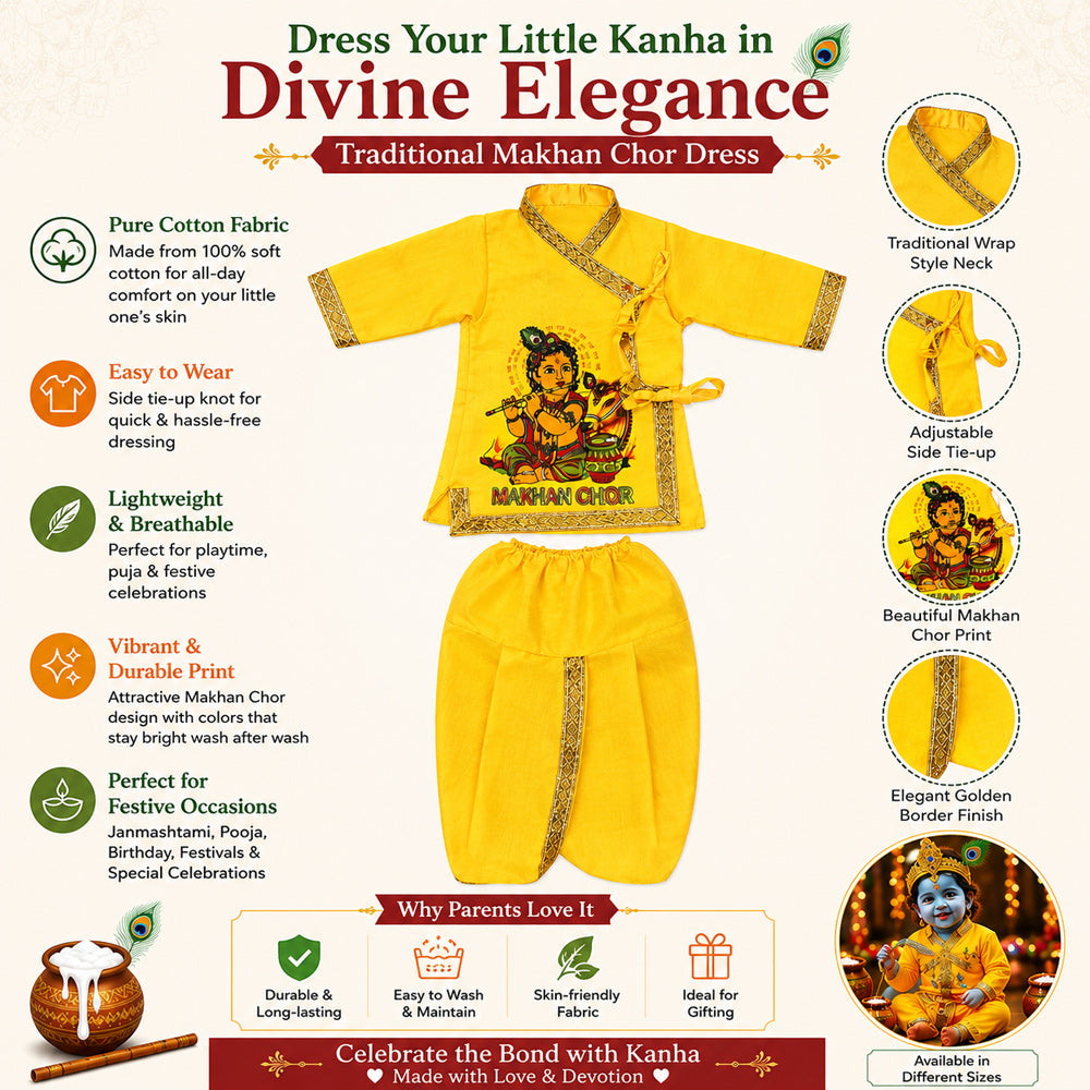 Size 3 Makhan Chor Yellow Krishna Dress with Golden Border