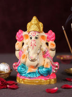 4 Inch Eco Friendly Ganesha Idol with Pink Lotuses & Golden Mukut
