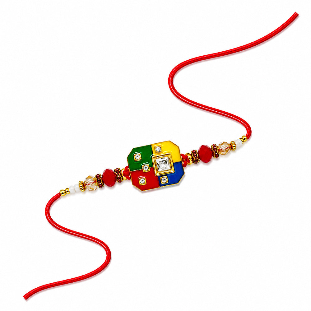 Traditional Four Color Enamel Dial Solitaire Stone Rakhi