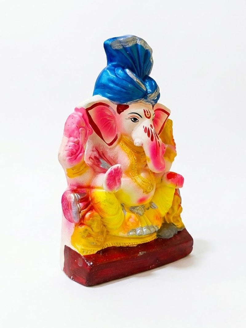 8 Inch Vibrant Hand Painted Ganesha Idol with Royal Blue Turban