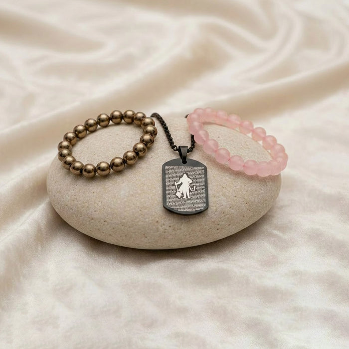 Rose Quartz & Golden Pyrite Bracelet Combo with Hanuman Chalisa Pendant
