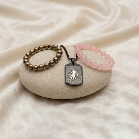 Rose Quartz & Golden Pyrite Bracelet Combo with Hanuman Chalisa Pendant | Love, Prosperity & Spiritual Strength