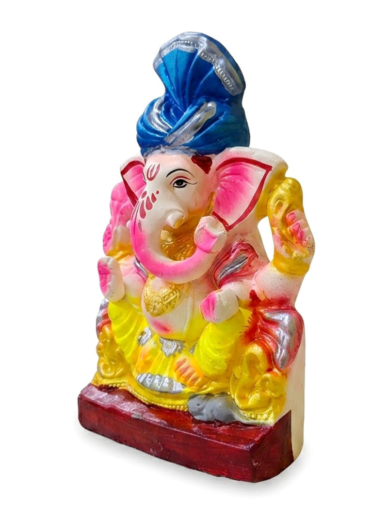 8 Inch Vibrant Hand Painted Ganesha Idol with Royal Blue Turban