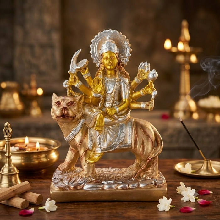 Premium Silver & Gold Maa Durga Resin Statue