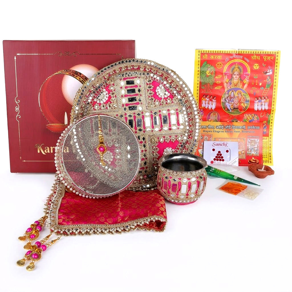 11 Pc Pink Embroidery Karwa Chauth Thali Set