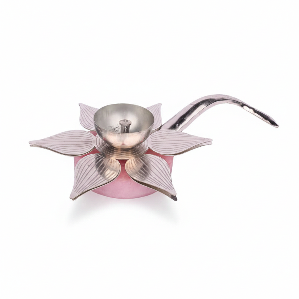 Silver Lotus Diya with Bell – Silver Plated Pooja Lamp Decorative Spiritual Use