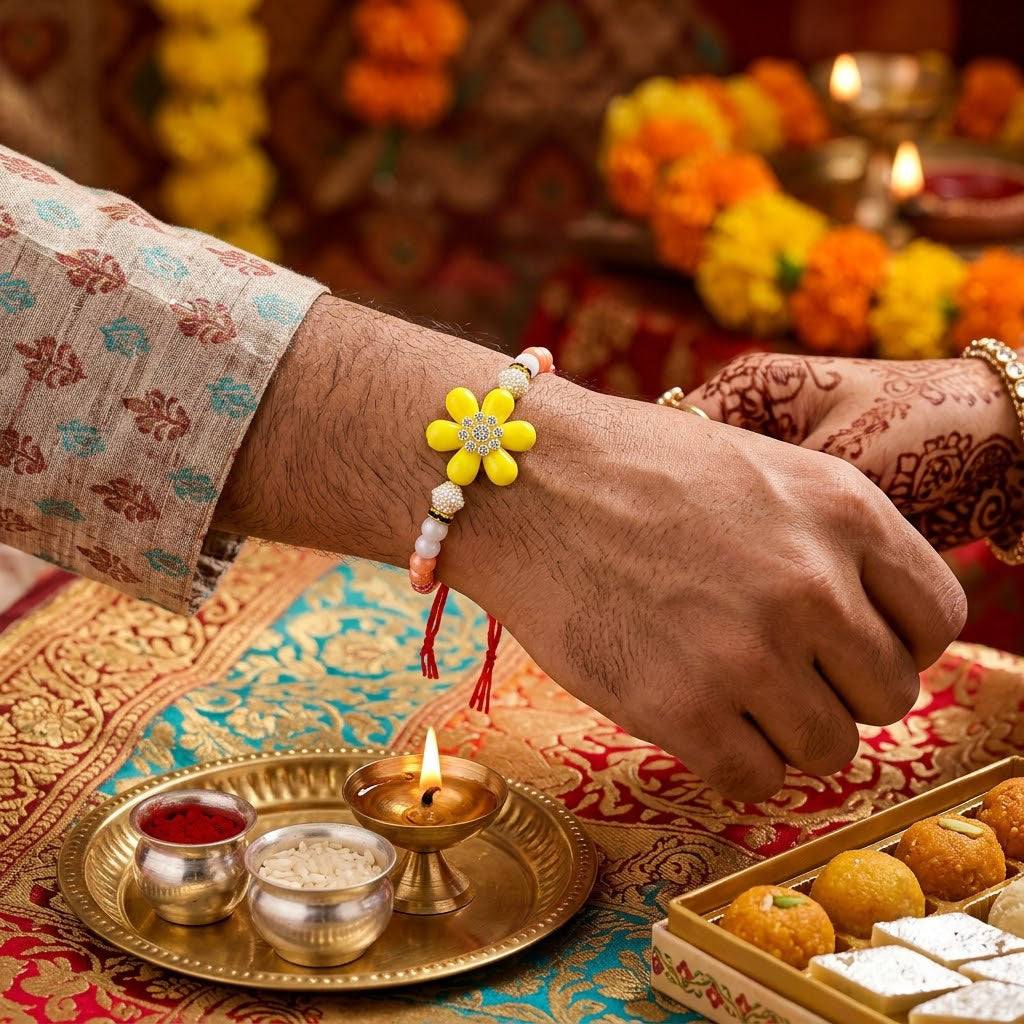 Traditional Pastel Pink and Yellow Floral Rakhi (Set of 2)