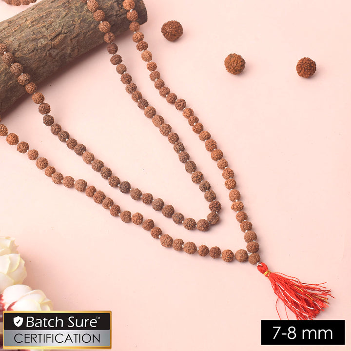 7-8mm 5 Mukhi White Knotted Rudraksha Mala with natural brown beads neatly hand-knotted for daily Jaap, meditation, and spiritual rituals. India’s Premium Jap Mala Store - www.satvikstore.in