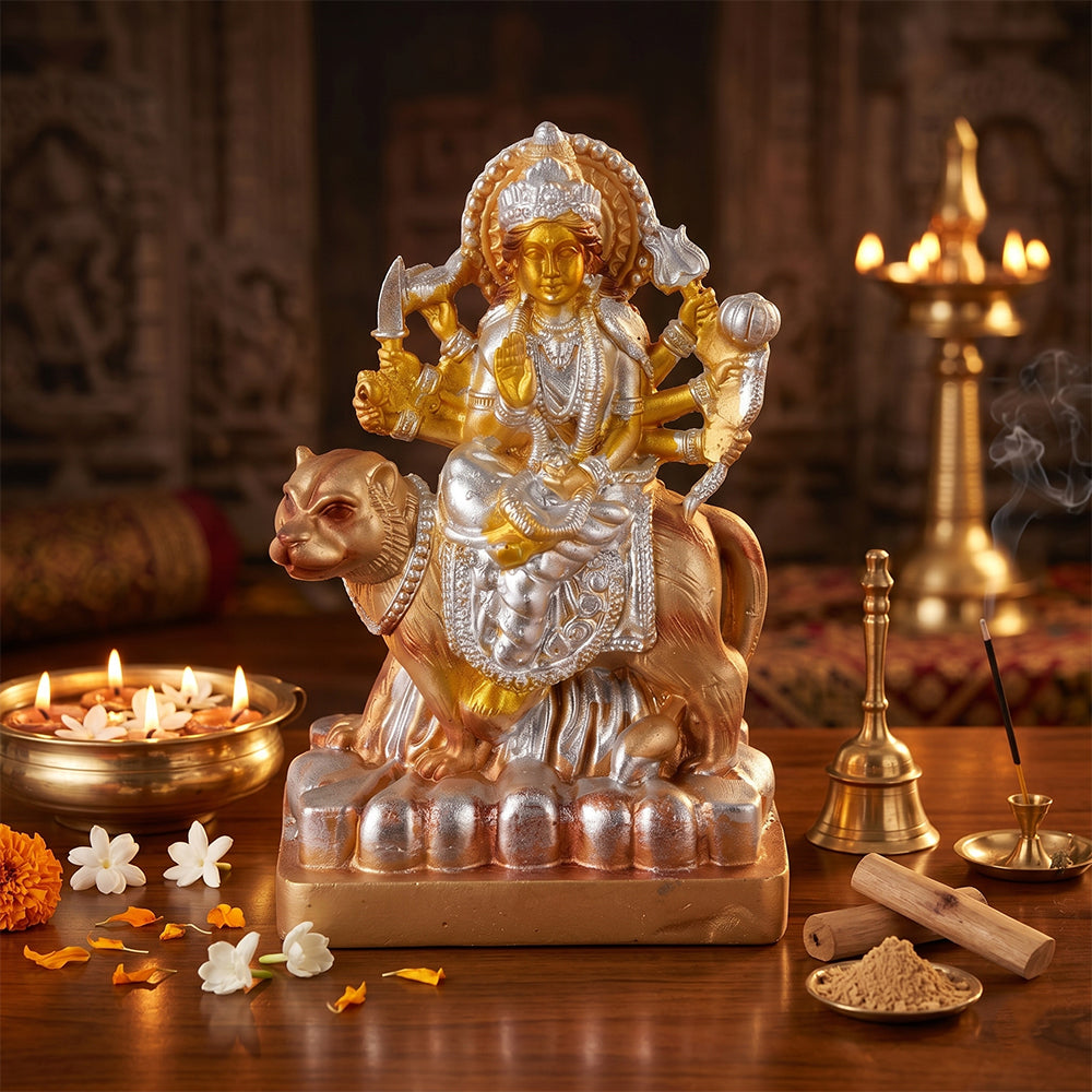 Premium Metallic Silver & Gold Maa Durga Idol Statue