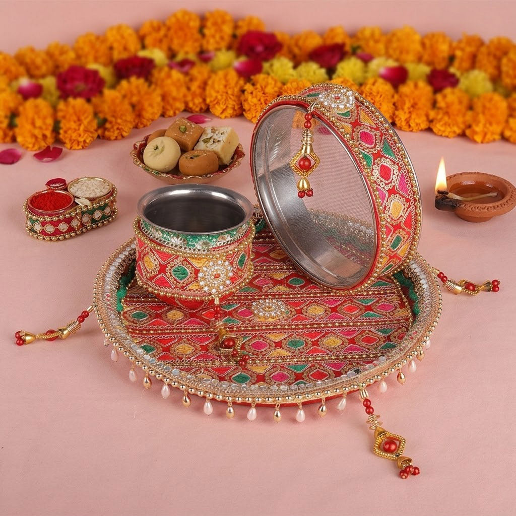 11 Pc Stunning Red Embroidery Karwa Chauth Thali Set