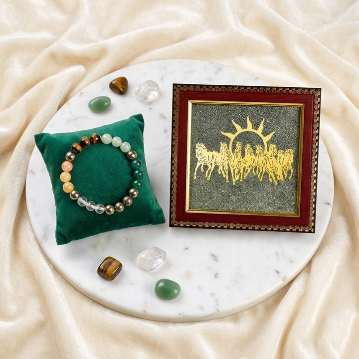 7 Horse Pyrite Frame with Dhanyog Stone Bracelet Combo for Home and Office Décor – Vastu Prosperity and Positive Energy. India’s Largest Puja Accessories Brand- www.satvikstore.in