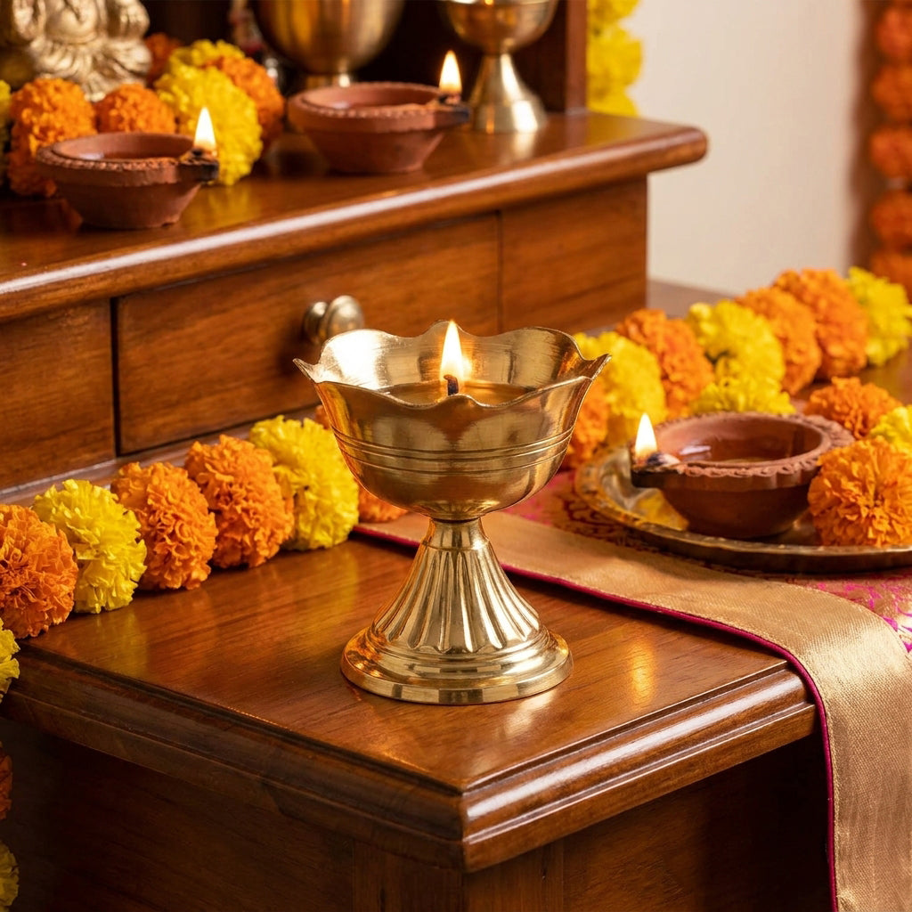 Handcrafted Floral Akhand Brass Rose Diya