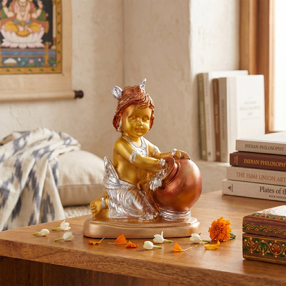 Premium Silver & Gold Antique Laddu Gopal Resin Statue