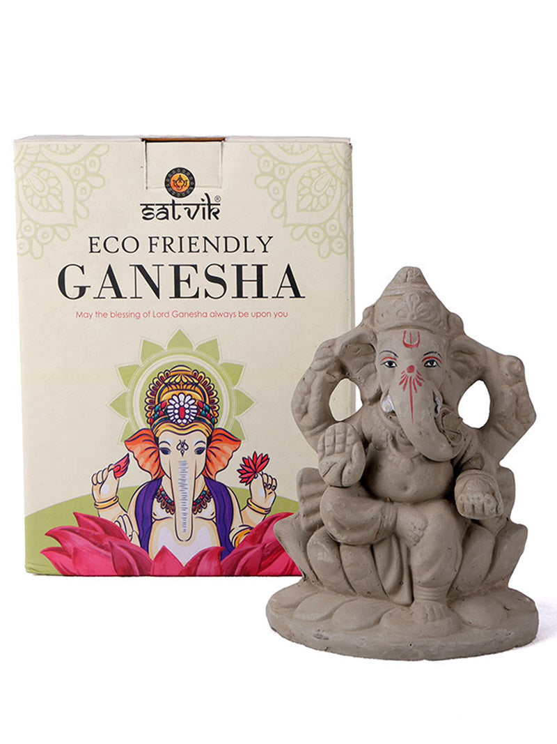 6 Inch Natural Eco Friendly Ganesha Idol Seated on Lotus Base