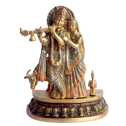 9.3 Inch Radha and Krishna with Cow Brass Statue featuring intricate detailing, perfect for spiritual home decor, temple worship, and devotional gifting. India’s Largest Brass Idols Brand - www.satvikstore.in
