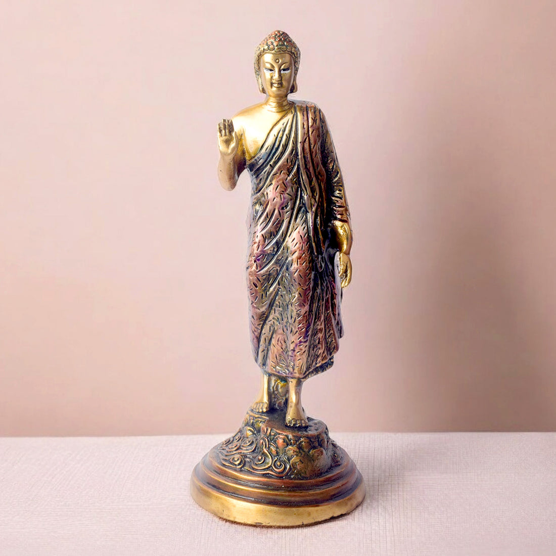  This 10-inch Buddha statue in a standing pose radiates grace and spiritual power. Carefully crafted with fine details, it embodies strength, peace, and enlightenment. The standing pose represents the Buddha’s readiness to guide those on their spiritual journey. 