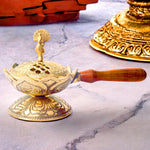 Antique Brass Loban Dingali with Wooden Handle for Pooja and Rituals