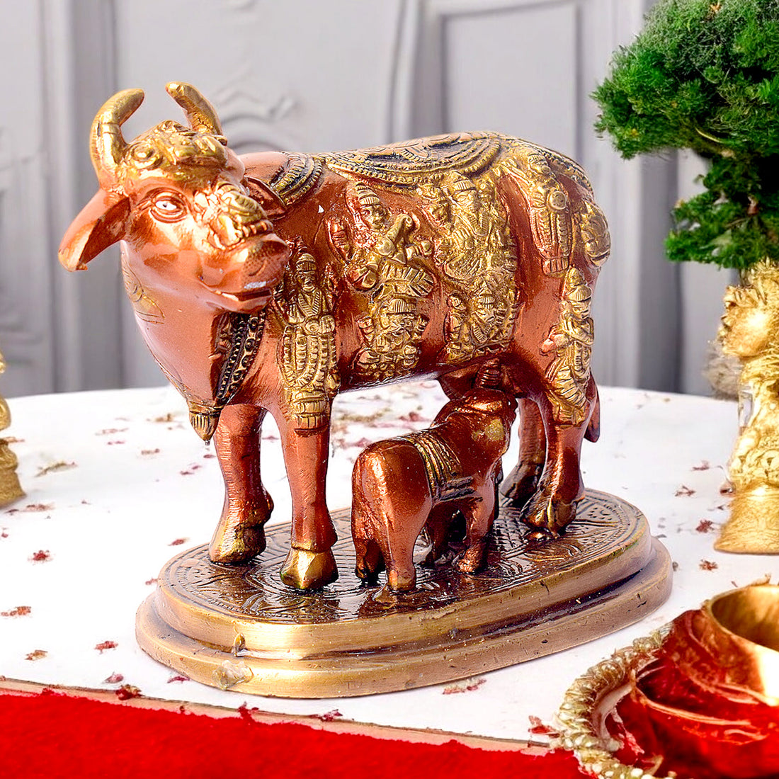 4.9 Inch Divine Brass Kamdhenu Cow with Calf Idol for Spiritual Home Decor