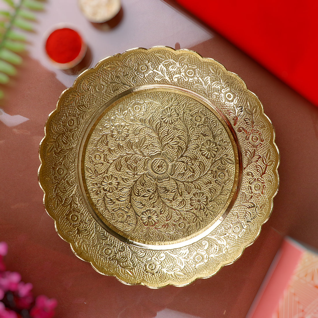 Buy Antique Brass Nakashi Pooja Thali featuring detailed handcrafted design. Perfect for daily worship, festive rituals, and temple decor. A timeless addition to your spiritual space - Satvikstore.in