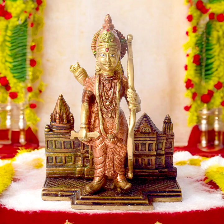 7.2 Inch Victorious Ram Mandir/Temple with Lord Ram – A beautifully crafted brass idol depicting Lord Ram in a powerful stance, symbolizing virtue, strength, and divine protection, perfect for temple or home décor. No.1 Brass Idol Store www.satvikstore.in 
