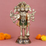 10.2-inch handcrafted brass Panchmukhi Hanuman statue in standing pose, showcasing divine power and intricate detailing for spiritual home décor. No.1 Brass Idol Store www.satvikstore.in 
