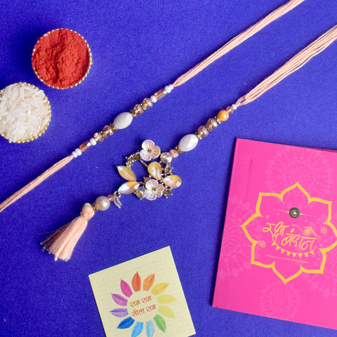 Designer Couple Rakhi Set for Bhaiya and Bhabhi with Roli Chawal and Ram Sita Stickers – Raksha Bandhan Gift Combo. India’s Largest Brass Idols Brand - www.satvikstore.in