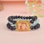 Black & Baby Blue Triple Layer Guruji Swaroop Bracelet featuring sleek black beads with soft baby blue middle layer and Jai Guruji Swaroop – perfect for spiritual wear, meditation, and gifting. India’s Largest Pooja Accessories Brand – www.satvikstore.in