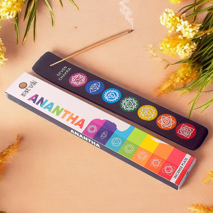 Black incense holder plate featuring Seven Chakra symbols, perfect for meditation and spiritual décor.India’s Largest Pooja Accessories Brand – www.satvikstore.in 