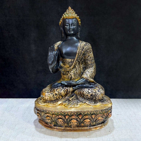 13-inch Brass Buddha Statue in Sitting Pose – Majestic and Serene, perfect for meditation spaces, home decor, or spiritual gifting. India's Largest Puja Accessories Brand - Satvik No. 1 Brass Idol Collection 