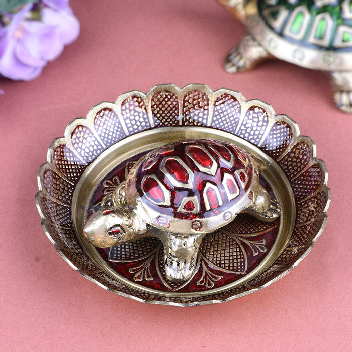 Brass Colored Turtle with Nakashi Plate/Tray – A perfect blend of traditional art and positive energy, bringing prosperity and protection to your space. India’s Largest Pooja Accessories Brand – www.satvikstore.in